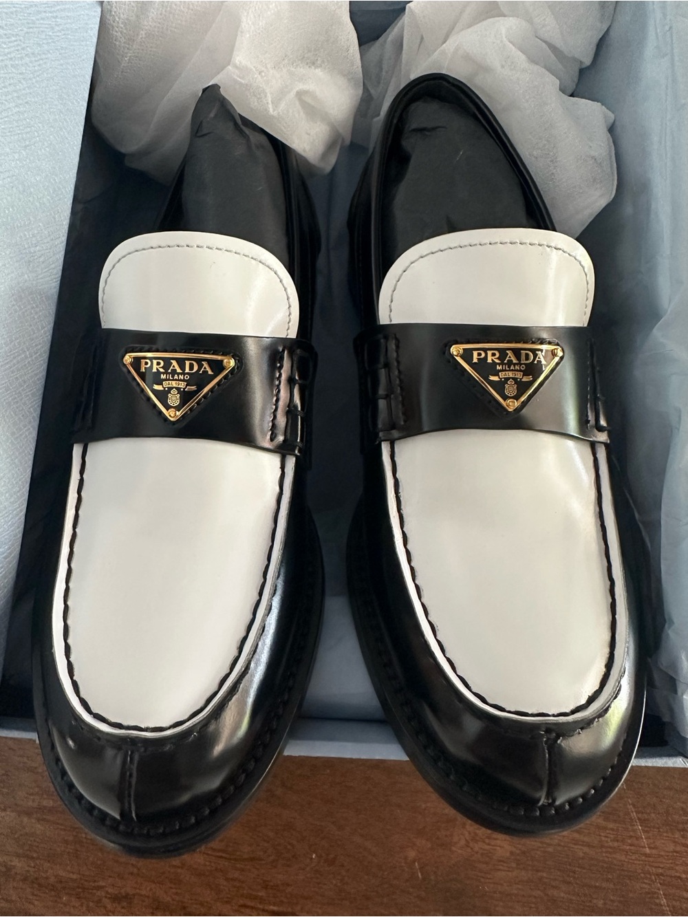 Prada Black and White Leather Penny Loafers with Gold Logo - Picture 2 of 14